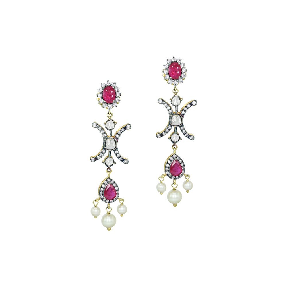 Antique-Finish Earrings with Ruby, Diamonds Polki, and Pearls